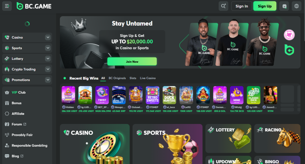BC Game Best Payout Online Casino dashboard displaying instant crypto payouts and diverse slot machine selection